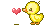 A duckling pushing a floating heart forwards, when it bursts, and knocks the bird down onto its bottom from Cherish.