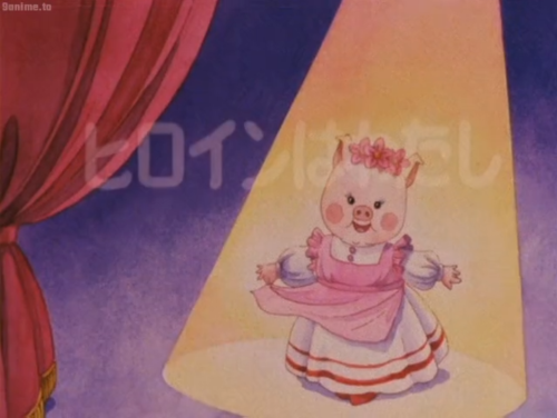 Artwork of Puripurin/Penny Pig posing on the wooden stage in a pink apron dress with a wreath of pink flowers on her head.