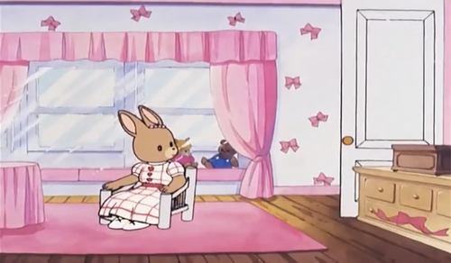 Rolley's Room, another picture of the same, with Rolley and Patty in matching loose pink nightgowns.