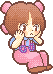 Pixel art based on a manga pose of Pinoko in pink trousers with a blushing, surprised expression and her hands pressed to her cheeks.