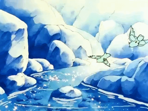 Animated scene from Little Memole of a pair of birds flutter to sit on a stone in a river, drink water, then placing their wings on each other's shoulders, proceed to sing.