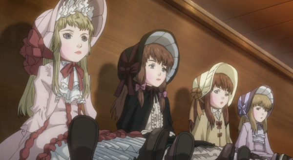 Various bisque dolls on a shelf from episode 19 of GOSICK. All wearing ribboned bonnets that match the colours of their dresses (pinnk with red ribbon and white lace headdress for the first doll in pink and red-accented dress with white frills, the second doll wears burgundy ribbons on black with a capelet over white frills, the third doll wears yellow with orange ribbon to match her yellow with orange bows dress, and the fourth doll wears a purple bonnet with lavender ribbon while wearing a lavender dress with white frills.