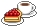 A slice of pie in a plate with a short cup of (most likely) coffee by Moon Cat.
