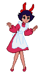 Pixel art of Chao (Katy the Kitty Witch) struggling to stand in her new human form, her knees knocking together, and her arms raised at her sides. She looks confused. Based on a Fantastic Adventure of Unico scene, with her anime style simple knee-length poofy pink dress and white apron, red bow and red shoes by 3jude3 on tumblr.