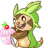 Pixel art of a Chespin happily holding a Sweet Poke Puff by aquaiights.
