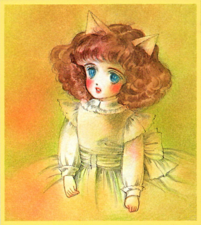 A full-body, illustration of Chibineko, in apale watercolour wash, sleeping against a wall, showing her rosy cheeks, curly hair, poofy dress, cat ears, and socks on while one sags.