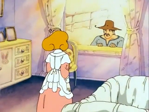 Still from the animated series Little Memole, depicting another view of Cynthia's bedroom described at the top of this page. This view shows that to the right of the window (where Cynthia's father is now speaking through to Cynthia), she has a short door chest with the stylized rabbits' faces drawn or painted on every drawer.