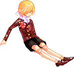 Pixel art of a ball-jointed doll resembling a blonde boy in black shorts, a red button-down jacket with white-peaked lapels, and brown loafers. His hair is medium-length, to his shoulders, and swept to one side of his face. His clothes sparkle! The artist is sadly unknown, this is an old web graphic found on glitter-graphics.com which archives old internet graphics.