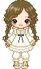 Pixel art of a girl with brown hair in two braided pigtails, wearing white pjyamas.