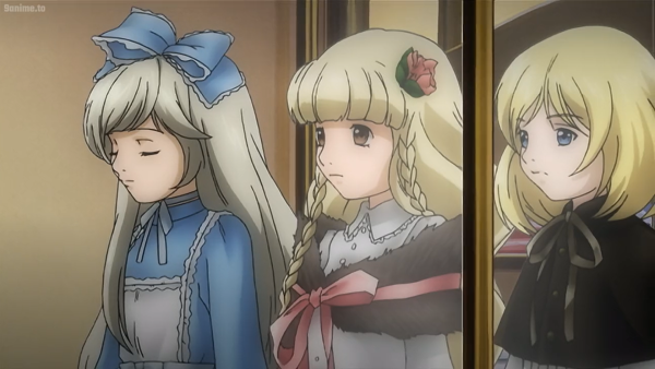 Numerous dolls with varying shades of blonde hair (ash, platinum, and gold) sitting on a shelf in the dollmaker's shop in the second season of Rozen Maiden. The first doll has closed eyes and long straight ash blonde hair with her fringe brushed to the side in waves, she wears a big blue ribbon on her head, a with pale blue frilly trim. The same pale blue frills adorn her blue dress. A thin light blue bowtie, also. The second doll has open brown eyes and thick and long platinum blonde hair, with slightly curled fringe. She also has two braids on either side of her head. She has a flower decoration in her hair and wears a white blouse with frilled collar. A brown shawl sits around her shoulders, tied with red ribbon. The third doll has open blue eyes and slightly curling/wavy golden blonde hair that all curls around the face. A long black capelet with dark ribbon tied into a bowtie.