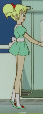 Eriko in the mint green dress, side view.