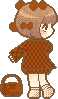 Pixel art based on a manga pose of Pinoko, looking back over her shoulder at where her mirror is in the original manga panel--she is wearing a black and red checkered coat, has red ribbons in her hair, and has a red purse with a black ribbon sitting on the floor behind to her.