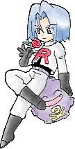 Chibi artwork of Kojiro (James) of Pokemon posing with his rose and leaning back, with one leg crossing over the other at the knee, resting his hip against Dogasu (Koffing), who smiles happily. The colouring style mimics the watercolour wash look of Sugimori Ken's earlier artwork for Pokemon.