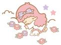 Animated gif of Little Twin Star Lala sleeping in a cloud. A lavender bow is in her pink hair. Two stars above her twinkle pink and lavender. Pink and lavender flowers bloom on the cloud.
