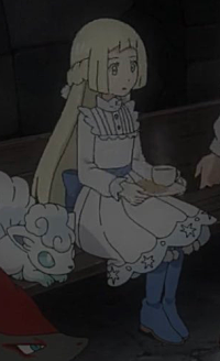 Lillie in the dress worn under her winter clothes while searching for her father. A white ruffled mock neck dress with sky blue accents and a high neck. A dark blue sash around her waist, tied at the back, the ends of which are decorated with white stars. Long white sleeves underneath with sky blue cuffs. The dress flares out a little and has a scalloped hem, similar to the cuffs and high neck. The hem of the dress has a sky blue accent with white star decorations. Underneath, she wears white tights and knee-high dark blue boots with white pom-pom strings. Lillie's two side braids are gathered at the back of her head, tied with a dark blue ribbon with white pom-pom ends.