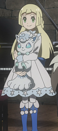 Lillie in the dress worn under her winter clothes while searching for her father. A white ruffled mock neck dress with sky blue accents and a high neck. A dark blue sash around her waist, tied at the back, the ends of which are decorated with white stars. Long white sleeves underneath with sky blue cuffs. The dress flares out a little and has a scalloped hem, similar to the cuffs and high neck. The hem of the dress has a sky blue accent with white star decorations. Underneath, she wears white tights and knee-high dark blue boots with white pom-pom strings. Lillie's two side braids are gathered at the back of her head, tied with a dark blue ribbon with white pom-pom ends.