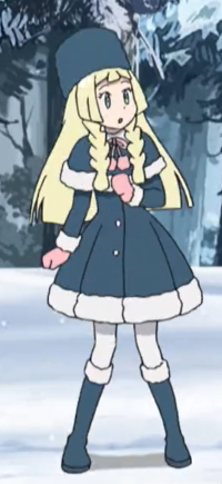 Lillie in her first winter outfit, dark blue frock coat with white fur-trim along the hem and sleeves. A matching dark blue capelet with white fur-trim. Pink strings tied into a bow, with pom-poms hanging from the ends, adorn the collar (or hood?) of her capelet. She wears a dark blue ushanka hat. Pink mittens, white tights, and white fur-trimmed dark blue boots nearly knee-high.