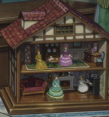 A very detailed, old-fashioned, wooden, two-storey dollhouse, the bottom floor shows a living room with a firehouse with ornate vases on the mantle; a black baby grand piano(?); a red sofa with gold tassels. There's a plainly dressed doll in a white dress with a headdress at the piano (child or maid in apron/pinafore?), and a lady in green dress with crinoline in the middle of the room, her brown hair styled high. On the second floor, two dolls are having tea, seated around a table. One wears a tiered pink or purple dress with bows and white frills (seems to be a French style), her hair high with a large hat matching her dress. Another female doll sits in a plainer puce dress, high-collared, no frills, long sleeves. Behind them, ornate plates are displayed in a cabinet. There is a vanity with a plush wooden chair to the right, and a wooden folding screen to the left.