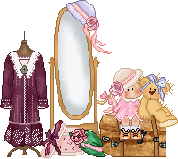 A full-length mirror, a dress displayed on a torso mannequin, two hats and a hatbox, a wooden chest with a doll and teddy bear sitting on top of it. Pixel art from Tea's Hope Chest.