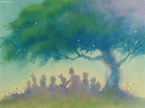 Artwork of a silhouettes of Mireille Pearson Antelope/Miss Deer, surrounded by her students, under the shade of a great tree, scattering leaves in the wind.