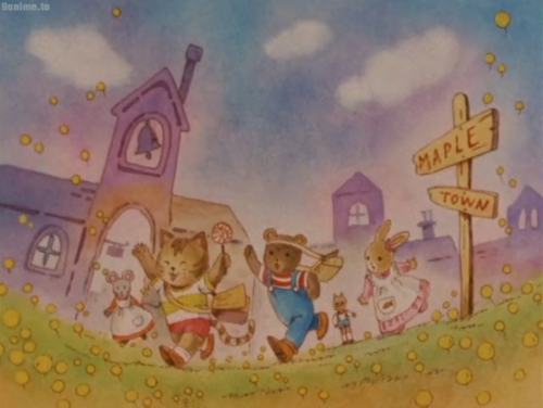 Artwork of the children chasing after laughing, naughty Oscar/Kirby Cat through the grass. Patty, Bobby, and Johnny can be seen chasing or staring after him. The signpost reads Maple Town. Dandelions are being scattered by the wind.