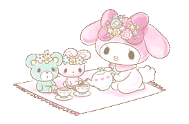 Animated gif of My Melody sitting on a picnic mat, pouring tea into teacups, having a little tea party with her small, pink plush rabbit and small mint green teddy bear. She and her plushies all wear flowers on their heads.