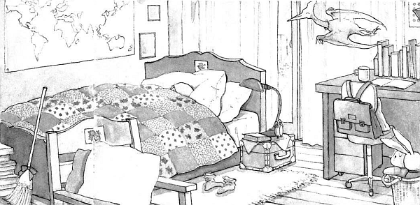 Manga panel of Chise's bedroom, with wooden bed, plush patchwork quilt, a curtained window behind the headboard, and a large map of the world on the wall adjacent to the bed. A broomstick with a little bow leans against the other end of the bed. A little throw rug with tassels sits next to the bed, partly tucked under it. Two socks lie next to the bed. An old trunk with a desk lamp and book rests next to the bed, as a makeshift bedside table. On the opposite side of the room, a wooden desk of child's height and an adjustable office chair sit. The chair has a backppack slung over it. Books line the the desktop. A pterodactyl figure hangs from the ceiling like a mobile. A  wicker basket holds toys, a teddy bear and plush rabbit poke out of the basket.