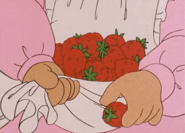 Gif of a  Maple Town scene, with a closeup of Patty Rabbit's hands as she gathers strawberries into her apron.