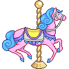 A pink carousel horse with blue mane and tail, rising and falling on its pole, by firstfear.