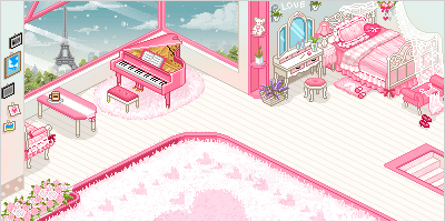 Pixel art scenery of a pink and white bedroom with snow drifting down outside the window and a view of the Eiffel tower. A pink piano sits on a fuzzy rug. A white vanity sits next to a bed with puffy and frilled pink bedding and a lacy canopy. An ottoman sits at the foot of the bed with a sheer nightgown hanging off it. A chair with a coffee table sits near the window. There are photographs on the walls and flowers.