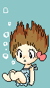 Pixel art based on a manga pose of Pinoko sitting as she sinks through the water, looking confused, wearing a blue, striped one-piece bathing suit.