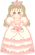 A pixel art doll in a pink and white dress, holding flowers.