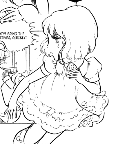 Rosalind in a dress with short, puffed sleeves; Peter Pan collar; two tiers of frills near the hem of the dress, and a frilly petticoat underneath. Flat shoes with ribbons.