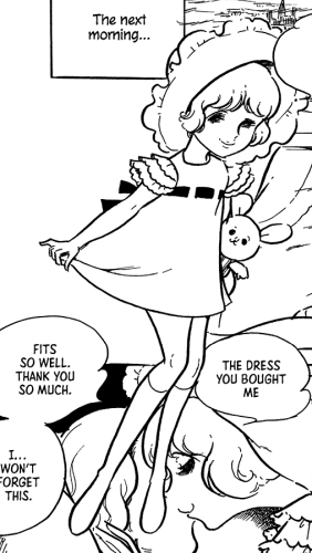 Rosalind in a short A-line dress with ruffled sleeves (three tiers), a dark-coloured ribbon at the bust, tied at the back, and a wide-brimmed and frilled sun hat. Tall, nearly knee-length boots of some sort.