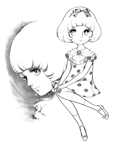 Floating panel of Rosalind in a polka-dot dress, with short puffed sleeves, matching polka-dot ribbon atop her head, a three-tiered frilly collar with a frilly jabot clipped in place with a decorative brooch, and socks to mid-calf-length and Mary Janes-esque flats with ribbons.
