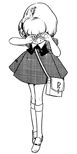 Floating panel of Rosalind in what might be a short, gingham-checked dress, with poofy sleeves, light-coloured Peter Pan collar, and a dark-coloured showy bow tied underneath it. She's wearing thick, nearly-knee-high socks, flat shoes with buttons (likely slip-on, as she's only eight and on the run...), and a very classy-looking purse.