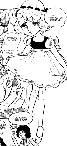 Rosalind curtseying in her party dress. The top is dark-coloured, with a very high waist, round and very poofy sheer sleeves. The hem is nearly knee-length, longer than her usual dresses, with scaloped frills and more ruffled fabric underneath (might be a petticoat.) There's a sash around the waist tied into a ribbon behind her. Her socks are nearly knee-length. She's wearing dainty shoes with straps.