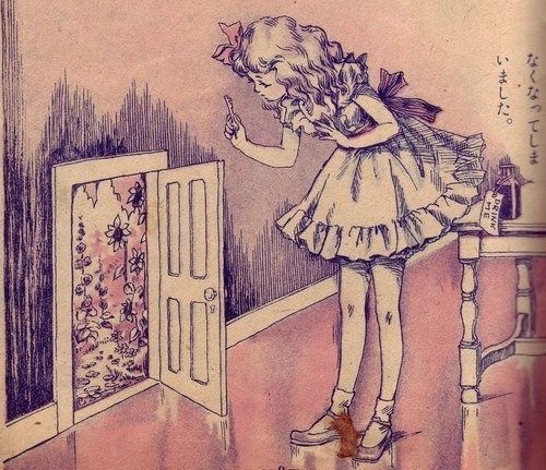 Alice in Wonderland illustration, Alice with a key, bending down over a too-small door to a flower-filled garden.