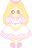 Pixel art of Alice seated, blinking, with a happy expression.