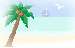Pixel art of the sea, with a palm tree, a sailboat in the distance, and a flying seagull. The edges of the image softly fade away into white.
