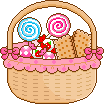 A basket of sweets, like teabiscuits and giant swirly lolipops, wrapped strawberry candies, and other wrapped pink candies, by Candied.