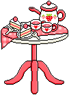 A table with slices of strawberry shortcake and a teaset decorated with hearts and strawberries. The tea is also rose colored. By Asterism.