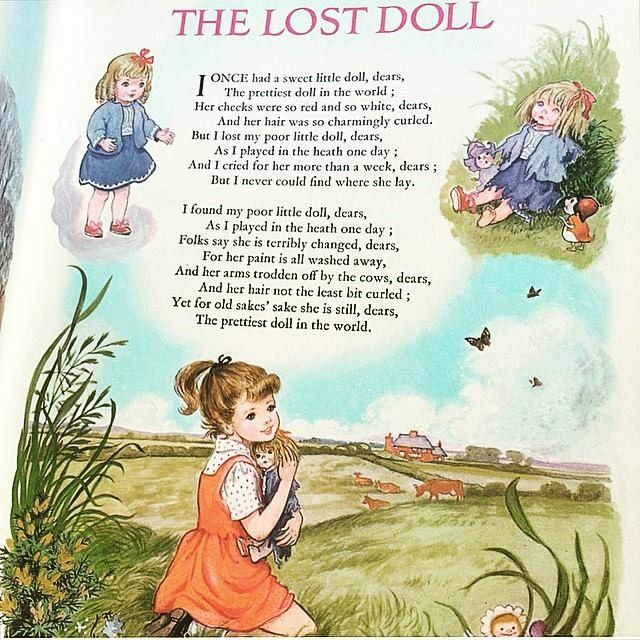 Text of The Lost Doll, a poem by Charles Kingsley, accompanied by vintage, full colour illustrations of a doll, first with blonde hair curled in ringlets and immaculate blue dress, then, with her dress in tatters, one red shoe missing, both arms missing, and her hair disvehelled. The final illustration is a smiling, pigtailed girl with either light brown hair or dirty blonde hair, in a red jumper on a polka-dot blouse, hugging her burnt and tattered doll lovingly.