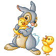 Pixel art of Thumper from Disney's Bambi picking up and hugging a chick that's reaching out to him, then turning to pick up the other chick who's now reaching out to him, before turning back to the first...
