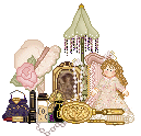 A lampshade with beads hanging down, a curly brown-haired doll in pink dress, an ornate gold-coloured brush, a framed portrait, a sunhat with pink flower, a string of pearls, a little dark blue purse, perfume bottles. Pixel art from Tea's Hope Chest.